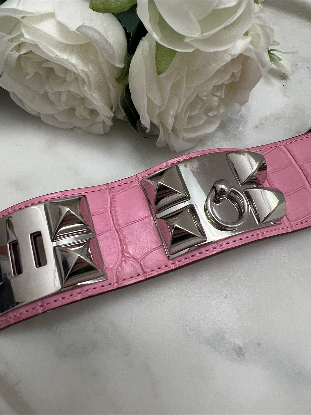 Hermes Pink Crocodile-Embossed Wide Bracelet with Silver Pyramid Hardware